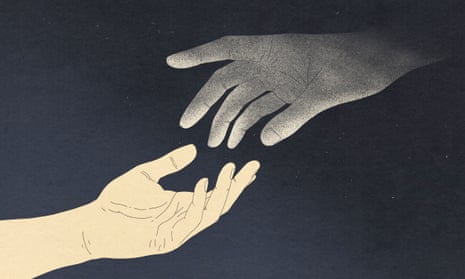 Illustration of one hand reaching up for another in darkness