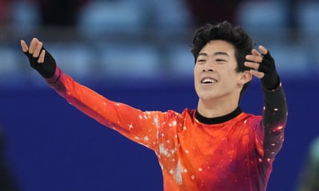 Nathan Chen of the US reacts after winning the men's free skate program in Beijing.