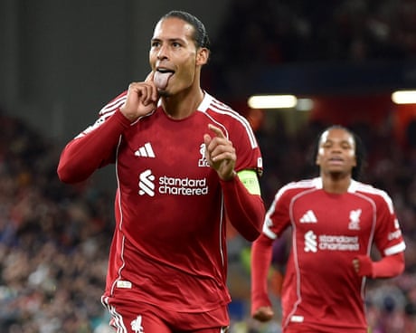 Virgil van Dijk celebrates after heading in the winner in second-half injury time