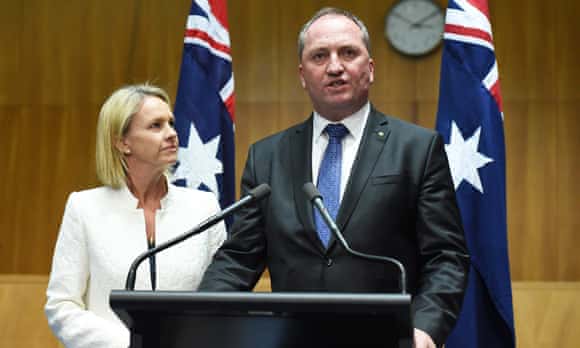 Fiona Nash and Barnaby Joyce speaking to the media in Canberra in 2016. 