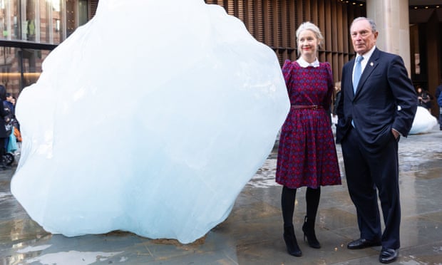 Justine Simons, London’s deputy mayor, and Michael Bloomberg, the UN’s special envoy for climate action, with part of Olafur Eliasson’s Ice Watch melting glacier artwork on Tuesday.