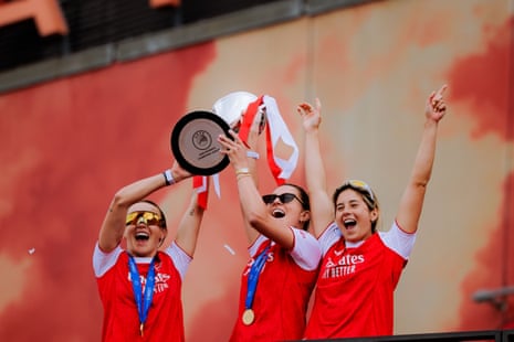 Caitlin Foord (19 Arsenal) Steph Catley (7 Arsenal) and Kyra Cooney-Cross (32 Arsenal) during the UEFA Womens Champions League Arsenal Trophy Lift