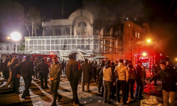 Smoke rises from Saudi Arabia’s embassy during a demonstration in Tehran on Saturday.