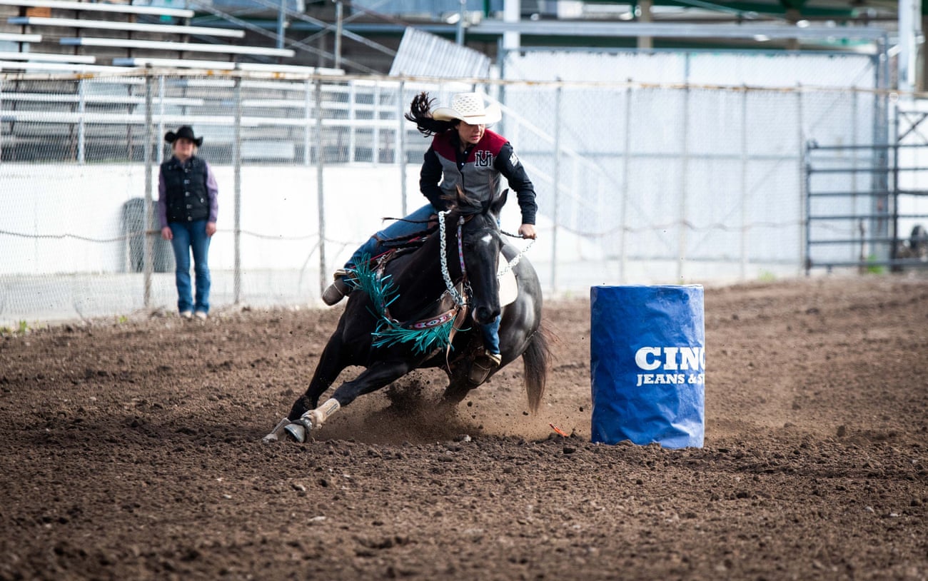 Simonson rides Diesel around a barrel during the barrel race at the UM Rodeo in April, 2019. The announcer described Keira as the best in the region, and Diesel as the fastest black horse he’d seen.