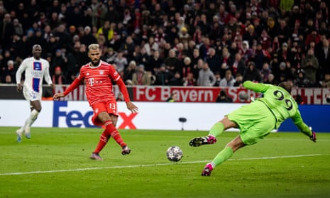 Eric Maxim Choupo-Moting scores Bayern Munich’s winner past Gianluigi Donnarumma of Paris Saint-Germain.