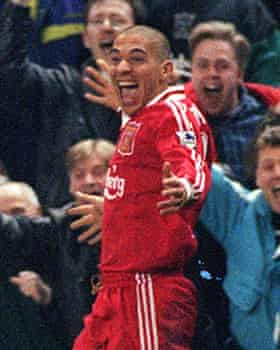 Stan Collymore celebrates Liverpool’s winner in the 4-3 against Newcastle in April 1996.