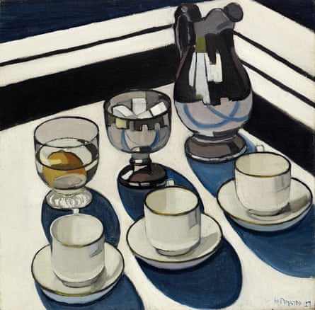 Cups, glasses and a jug on a table with a modernist, blocky background