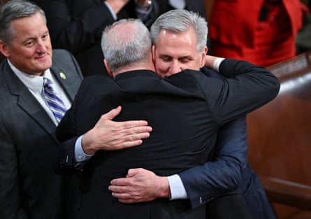 Newly elected House speaker Kevin McCarthy hugs Republican Steve Scalise after the 15th round of voting.