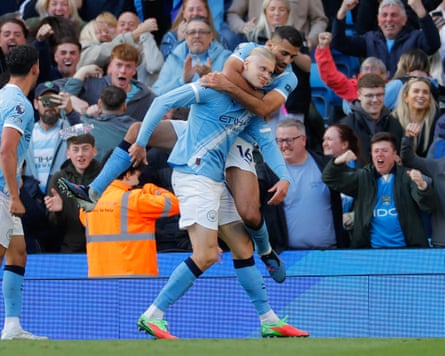 Erling Haaland reacts to scoring. Manchester City v Arsenal. Premier League match at Etihad Stadium, Manchester. 19 April 2026. By Tom Jenkins.