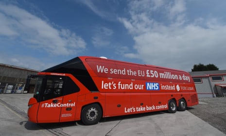 Red Brexit bus with the slogan on its side 'We send the EU £50 million a day. Let's fund our NHS instead'