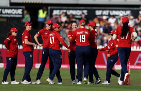 Lauren Filer celebrates taking the wicket of Shafali Verma.