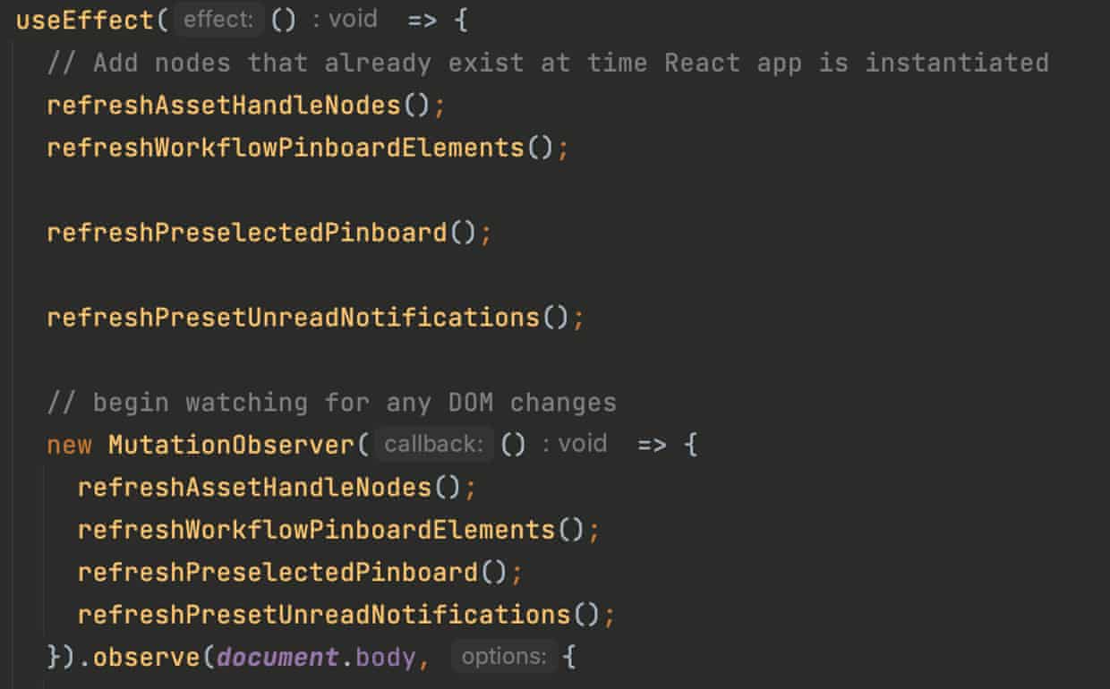Code snippet from Pinboard showing all the functions which find DOM elements on the page (from the host application) and how those are called on changes to the DOM, via MutationObserver.