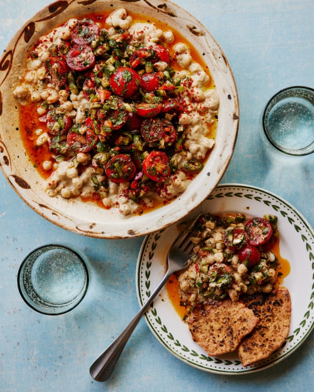 Sami Tamimi’s musabaha, or warm chickpeas with spicy cherry tomato and coriander salad.