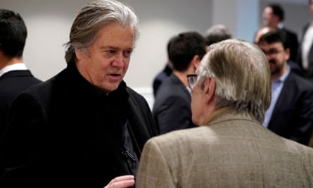 Steve Bannon speaks with Olavo de Carvalho, a right-wing Brazilian philosopher, before the showing of a documentary on the government of Brazilian president Jair Bolsonaro in Washington DC on Saturday.