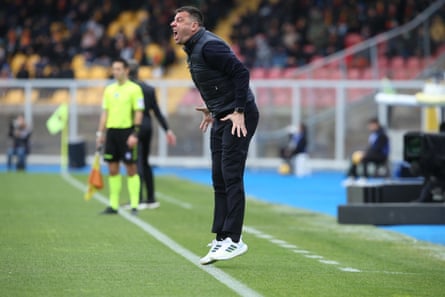 Lecce’s coach Roberto D’Aversa on the touchline for the game against Hellas Verona