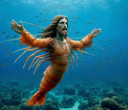 CGI conflation of a sculpture of Jesus, with halo, noble face and outstretched arms, grafted on to the body of a giant shrimp, with tail flippering out behind into the sea