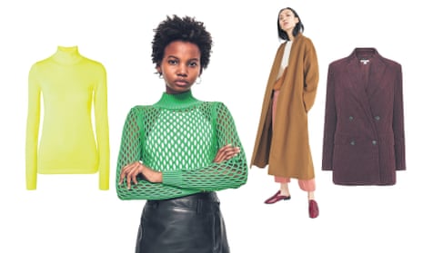 Cord jacket, £189, Whistles. Knit, £85, Boutique at Topshop; Polo neck, £160, net-a-porter. Coat, £169,  Other Stories.
