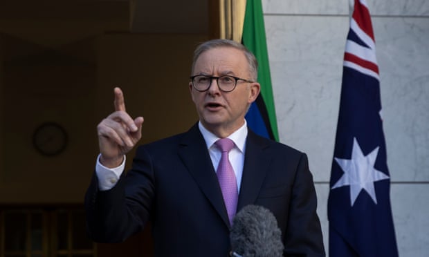 Australian prime minister Anthony Albanese at a press conference in the PM's courtyard, Parliament House, Canberra