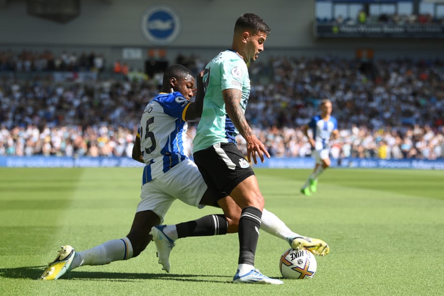 Brighton's Moises Caicedo tackles Newcastle United's Bruno Guimarães