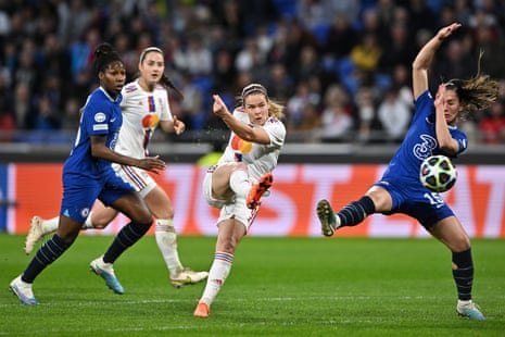 Eugenie Le Sommer has shot at goal for Lyon.