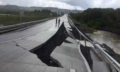 A road in Tarahuin, Chiloé Island, damaged by the earthquake on Sunday.