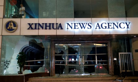 The damaged entrance of China’s official Xinhua news agency in Hong Kong.