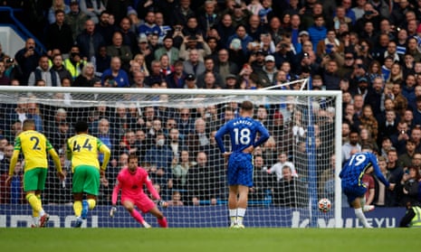 Chelsea’s Mason Mount scores their sixth goal from the penalty spot.