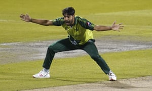 Pakistan’s Haris Rauf appeals for the wicket of England’s Tom Banton.