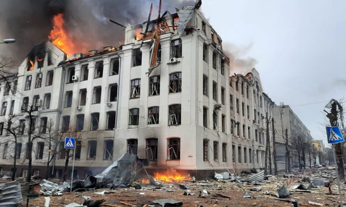 A handout released by Ukraine’s state emergency service showing the Kharkiv regional police department building, which is said was hit by recent shelling, on Wednesday.