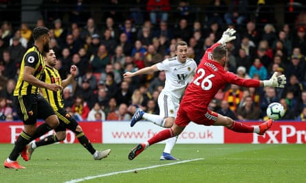 Wolverhampton Wanderers’ Diogo Jota scores his side’s second goal of the game against Watford at Vicarage Road.