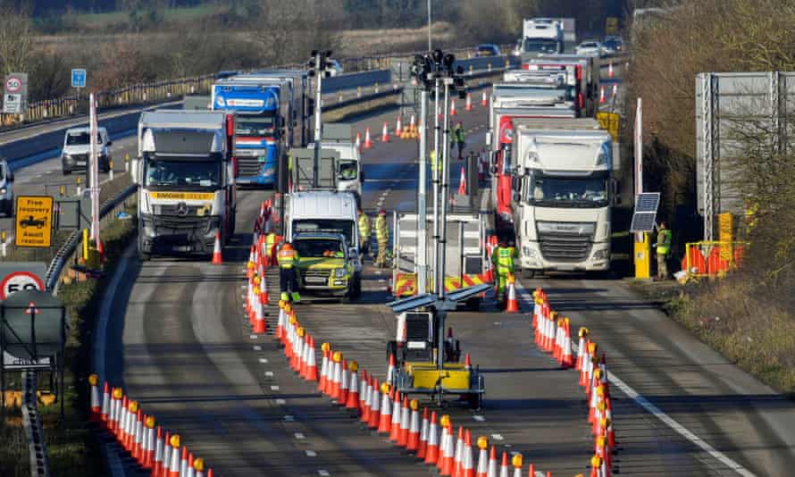 Freight lorries undergoing checks on the M20 motorway