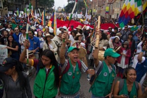 Protesters in Bogotá on Thursday. Thousands of people thronged the city’s historic Plaza de Simón Bolívar, singing the national anthem.