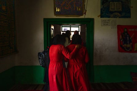 Students leave a secret girls’ school in Afghanistan in July