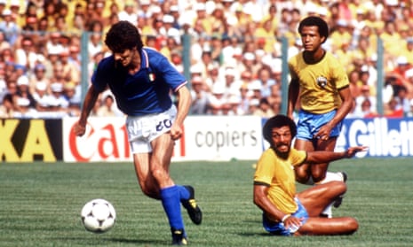 Paolo Rossi runs away from a pair of Brazil players