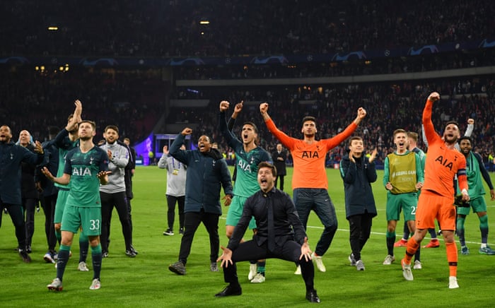 Tottenham celebrate making it to the final against Liverpool.