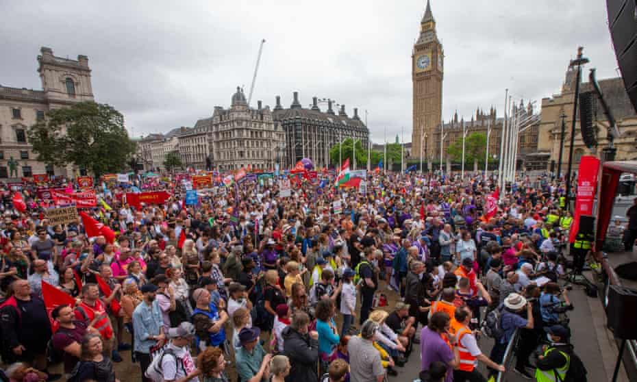 Marchers in Parliament Square on Saturday demanding better pay deals as inflation approaches double figures.