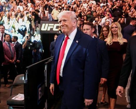 Donald Trump attends an Ultimate Fighting Championship event in Miami, Florida, on Saturday night as the US-Iran negotiations were in progress