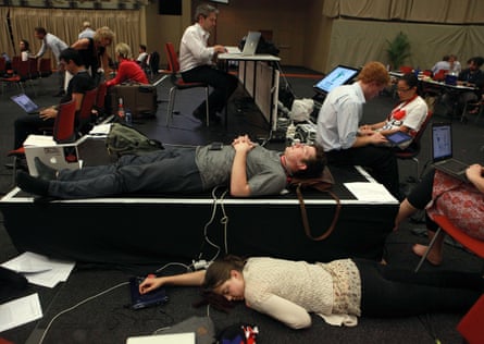 Tired delegates working into the early hours during the informal plenary on the final day of negotiations of Cop17 in Durban, South Africa, in December 2011.