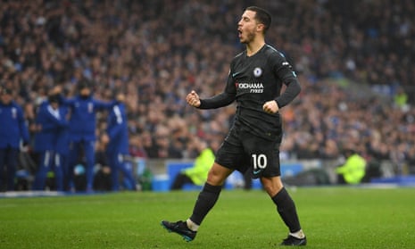 Eden Hazard celebrates after scoring Chelsea’s third.