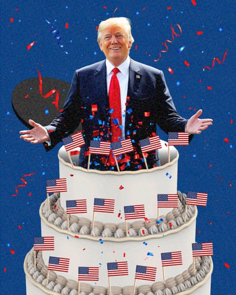 graphic of Trump emerging from cake decorated with American flags as confetti falls