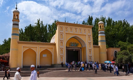 The Id Kah mosque, Kashgar, Xinjiang, in 2012; Islamic motifs have since been removed from the building. 