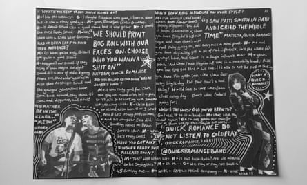 A double page spread of a black and white fanzine for a rock band.
