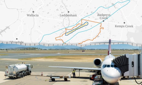 composite image including map of areas affected by noise and parked plane