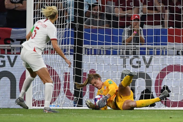 United States’ goalkeeper Alyssa Naeher saves a penalty kick from Steph Houghton.