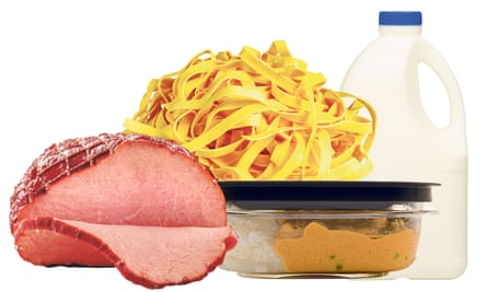 mid-shelf fridge items: cooked ham, pasta, cooked rice, milk