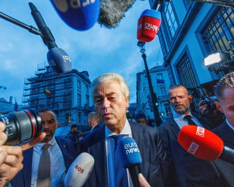Dutch far-right Party for Freedom (PVV) leader Geert Wilders speaks to journalists earlier this month.