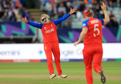 England's Charlie Dean celebrates taking the wicket of Sri Lanka's Hansima Karunaratne.