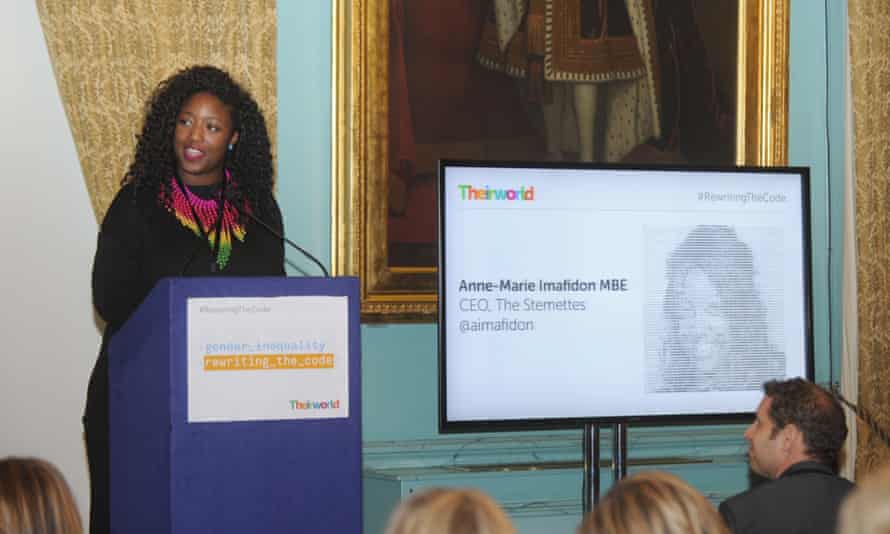 Anne-Marie Imafidon speaks during Theirworld #RewritingTheCode International Women's Day Breakfast, March 2017.