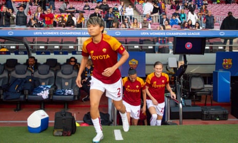 Roma player Moeka Minami warms up prior the Women's Champions League quarter-final second leg match between Barcelona and Roma at Spotify Camp Nou.