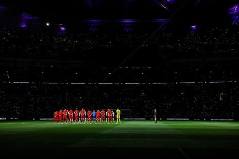 The two teams line up for a minute’s silence in honour of the late Queen Elizabeth II just before kick off during the UEFA Nations League match between England and Germany at Wembley Stadium on September 26th 2022 in London.